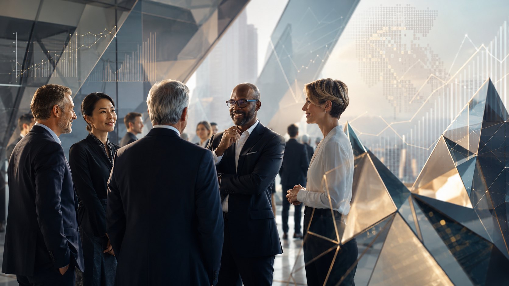 Executive leaders networking in a premium modern atrium