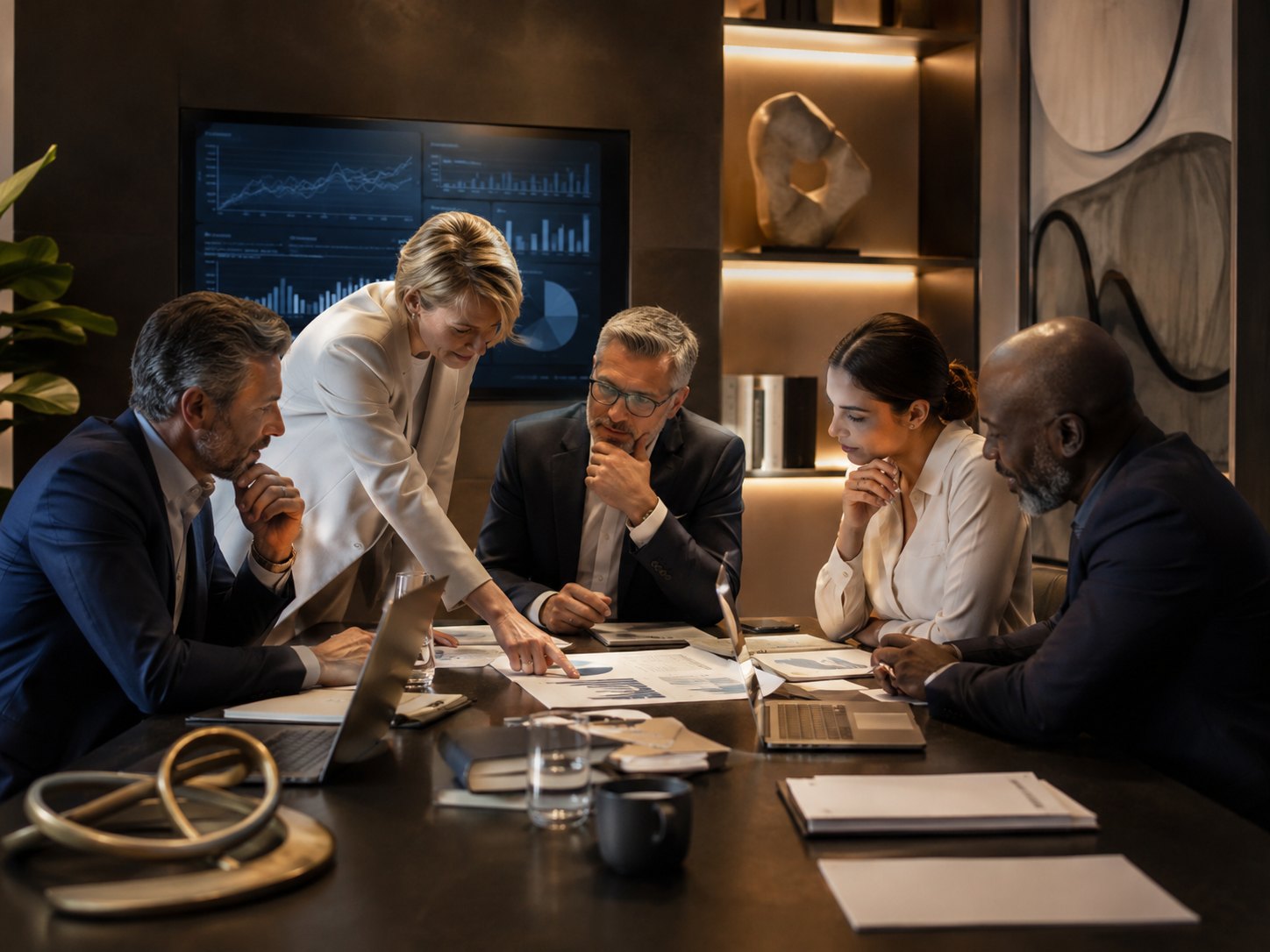 Executives reviewing documents and charts in a premium strategy meeting
